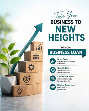 A creative business growth advertisement featuring a staircase of wooden blocks with icons and a rising arrow, promoting business loans.