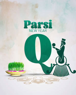Parsi New Year greeting with a large 'Q' and traditional elements