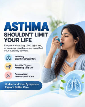 A woman using an inhaler with text promoting homeopathic asthma treatment and care