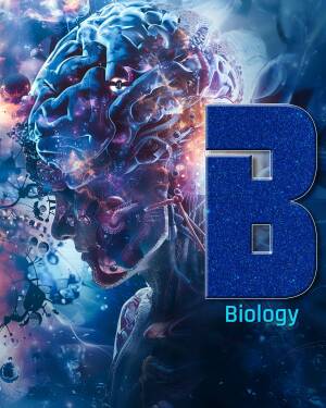 Digital art depicting a brain and a human face merging with a large letter 'B' and the word 'Biology'.