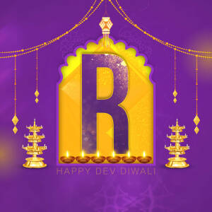 Golden 'R' letter with Diwali lamps and decorations