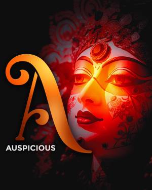 Close-up portrait of Goddess Durga with a prominent 'A' symbol