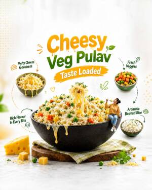 A bowl of steaming cheesy vegetable pulav with fresh ingredients and a miniature person sitting on the edge.