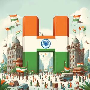 Illustration of a large letter 'H' decorated with the Indian flag, featuring iconic landmarks and people.