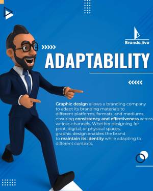 Cartoon man pointing to the word Adaptability with branding text below