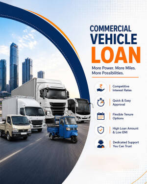 Commercial vehicles on a road with city background advertising vehicle loan services
