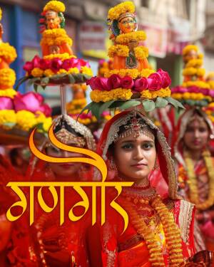 Women carrying decorated pots on their heads during the Gangaur festival in Rajasthan, India.