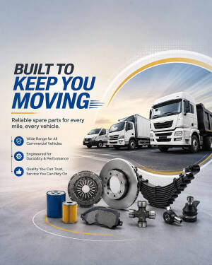 A collection of heavy-duty truck spare parts including brake discs, clutch plates, and filters with commercial trucks in the background.