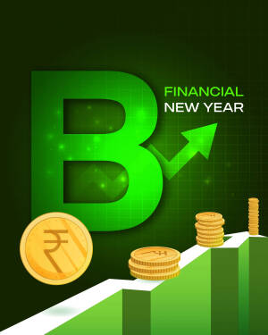 Graphic depicting financial growth for the new year with a large letter 'B' and rising graph.