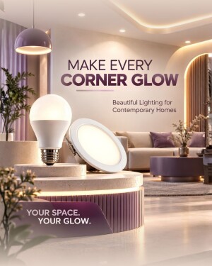 LED light bulb and recessed lighting panel on a decorative pedestal in a modern living room