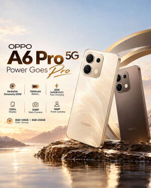 OPPO A6 Pro 5G smartphone showing design and key specifications
