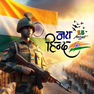 Indian soldier with the national flag and Independence Day text