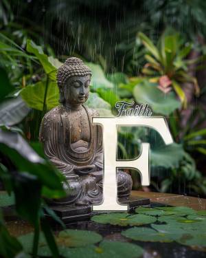 A stone Buddha statue in a lush green garden with the word 'Faith' displayed prominently.