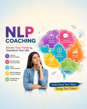 A smiling young woman thinking with an illustration of a colorful, jigsaw-puzzle-themed brain representing NLP coaching benefits.
