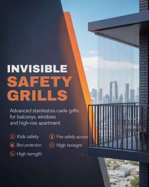 Modern invisible safety grills installed on a high-rise balcony for child protection and security.