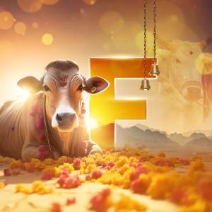 Image depicting a cow and the letter 'G' with floral decorations, representing Govardhan Puja.