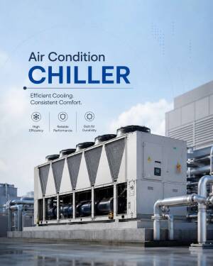 A high-efficiency commercial air conditioning chiller unit installed on a rooftop against a clear blue sky