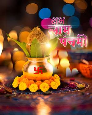 A beautifully decorated puja thali with a coconut, kalash, marigolds, and auspicious symbols for Chaitra Navratri.