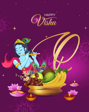 Illustration of Lord Krishna playing a flute with Vishu offerings