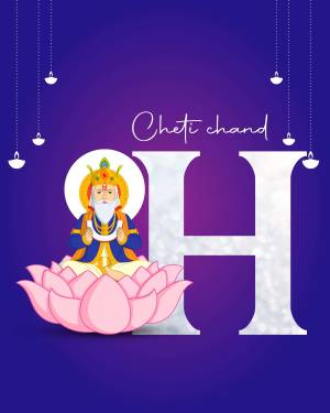 Illustration of Jhulelal, the deity revered by the Sindhi community, with the text 'Cheti Chand' and a large letter 'H'.