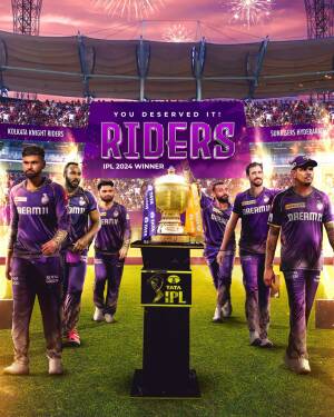 Kolkata Knight Riders celebrating their IPL 2024 win with the trophy and fireworks in the background.