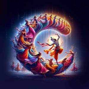 Digital art depicting Lord Krishna and dancing figures forming a swirling, cosmic shape.