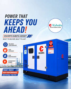 An Escorts Kubota industrial power generator set standing on a clean blue floor with a city skyline backdrop.
