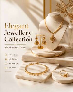 A collection of elegant gold jewellery including a necklace, jhumka earrings, an anklet, and a nose ring displayed on marble platforms.