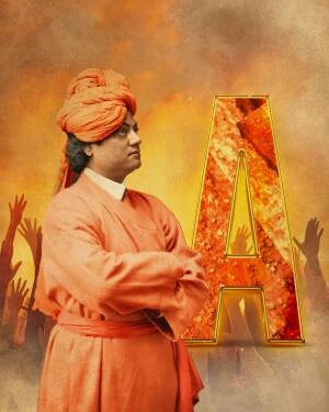 Portrait of Swami Vivekananda with a glowing letter 'A' representing knowledge and enlightenment.