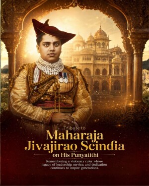 Maharaja Jivajirao Scindia in royal traditional attire with a palace in the background