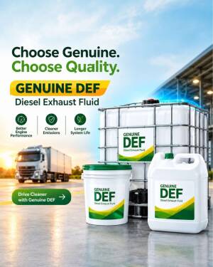 Various containers of Genuine DEF Diesel Exhaust Fluid with a semi-truck in the background