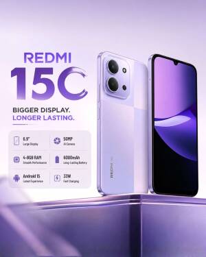 Lavender purple Redmi 15C smartphone displaying key specifications and design