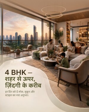 A family enjoying a modern luxury 4 BHK living room with panoramic city views at sunset.