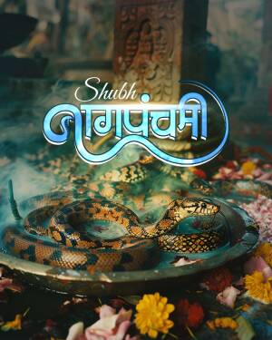 Image depicting a snake coiled in a bowl with flowers, celebrating Nag Panchami