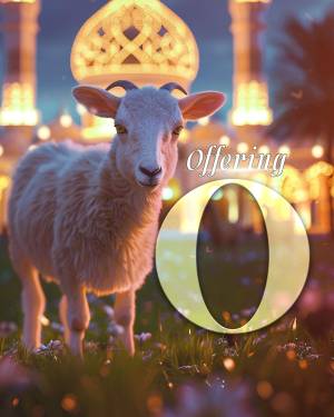 A white goat in front of a mosque with a large golden 'O' in the foreground, representing an offering for Eid Al-Adha.