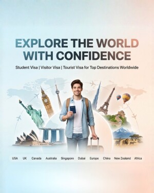 A smiling traveler standing in front of iconic world landmarks representing student, visitor, and tourist visa services.
