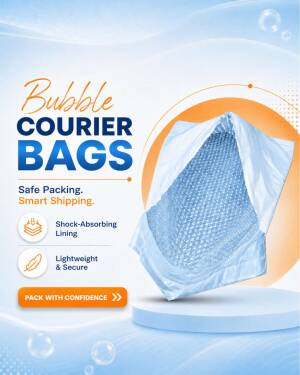 A white bubble courier bag displayed on a circular platform with orange and light blue background accents