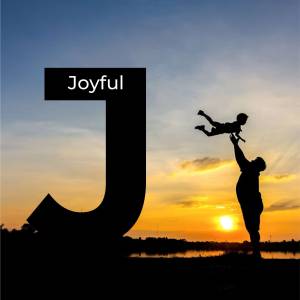 Silhouette of a father lifting his child against a sunset with a large letter 'J'