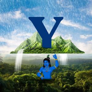 Digital art depicting Lord Krishna with a large letter Y in front of a lush, mountainous landscape with waterfalls.