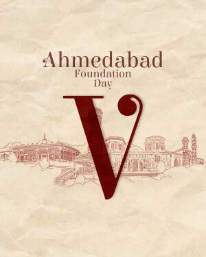 Ahmedabad Foundation Day graphic with city skyline and a prominent 'V'