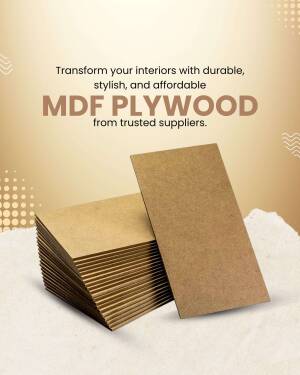Stack of MDF plywood sheets with promotional text