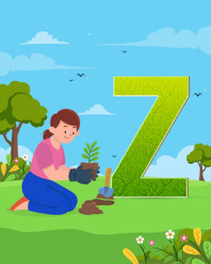 Illustration of a girl planting a seedling in front of a large letter Z made of leaves.