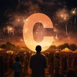 Large illuminated letter 'C' with fireworks and a crowd of people in the background.
