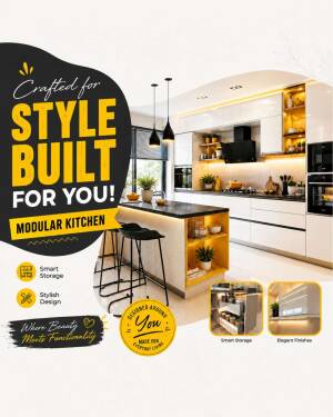 An elegant modular kitchen with yellow accents and white cabinets