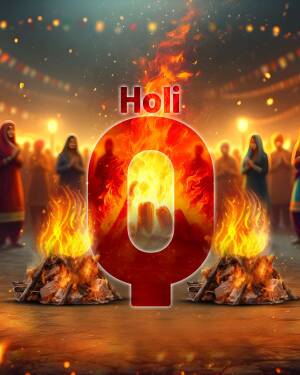 Holi festival image with a bonfire and people celebrating