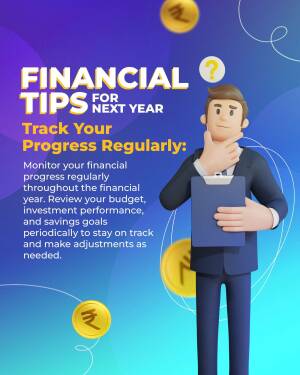 Illustration of a man thinking about financial planning with coins and text about financial tips.