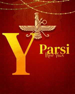 Golden Faravahar symbol with the letter 'Y' and 'Parsi New Year' text on a red background.