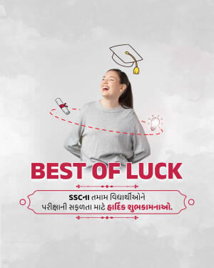 A young woman smiling with exam related graphics and text wishing students good luck.