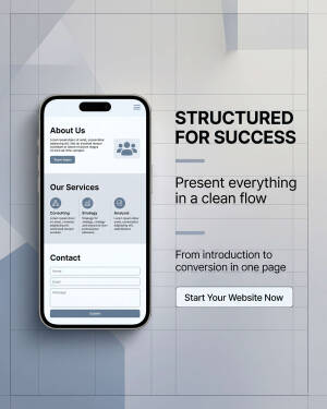 A clean, modern mobile website interface showcasing structured sections for business consulting, services, and contact forms on a geometric light background.