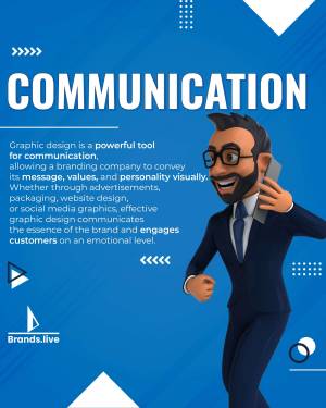 Illustration of a businessman talking on the phone with text about communication and graphic design.